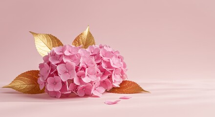 Pink Hydrangea Blooms and Golden Leaves - Elegant pink hydrangea blossoms paired with golden leaves, symbolizing beauty, serenity, luxury, grace, and autumnal transition