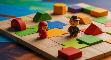 Fototapeta premium Playful Puzzle Pieces with Wooden Figures - Colorful wooden puzzle, playful figures, childhood, creativity, problem-solving. A vibrant scene of learning and fun