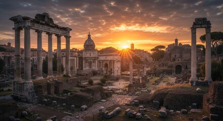 Fototapeta premium Roman Forum Sunrise - Majestic sunrise over the ancient ruins of the Roman Forum, showcasing iconic columns and temples bathed in golden light