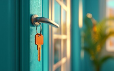 Teal Door with Key - New Home Entrance