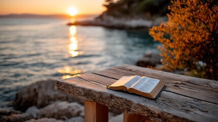 Open book rests on wood bench with beautiful sunset over the ocean in background