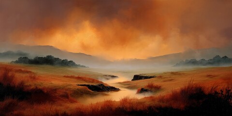 Orange tinted field with a stream and distant misty hills under a bright sky
