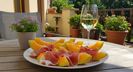 Elegant Summer Aperitif: Prosciutto and Melon with White Wine on a Cozy Balcony Garden