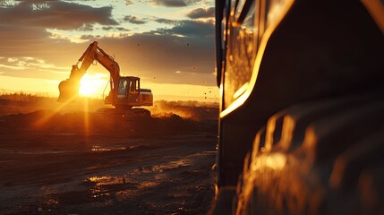 Excavator at Sunset Construction Site Golden Hour