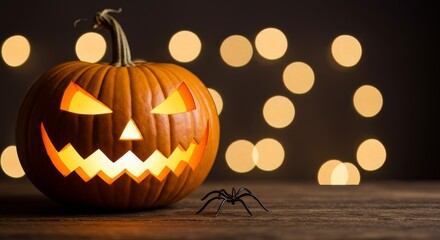 Fototapeta premium Illuminated Jack-o'-lantern and Spider - A carved Halloween pumpkin with a lit candle inside sits on a wooden surface with a small spider nearby. Warm bokeh lights form the background