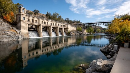 Obraz premium River flowing in front of a concrete dam with a bridge, surrounded by fall trees