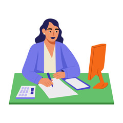 A flat style illustration of a businesswoman working in an office
