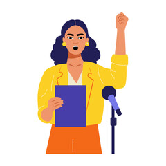A flat style illustration of a female politician giving a speech