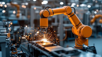 Industrial Robot Welding Sparks in Factory Automation