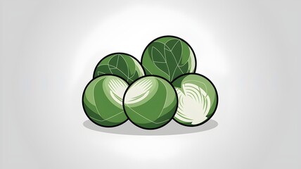 A collection of fresh Brussels sprouts. Some sprouts are whole, while one is sliced open. The vegetable is green, with a semi-realistic style