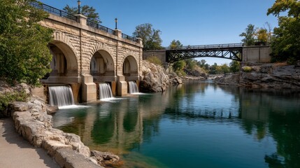 Fototapeta premium Serene river view of old stone bridge, waterfall, blue water, and green trees