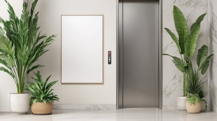 Modern elevator lobby with potted plants and a blank poster.