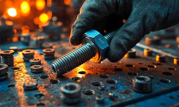 Metal worker handling bolt and nut in a factory.