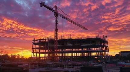 Obraz premium Stunning Sunset Over Construction Site with Crane