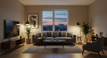 Modern Evening Living Room City View - Relaxing urban living room at dusk, showcasing comfort, city lights, modern decor, and tranquility. Symbolising peace, sophistication, urban living, comfort