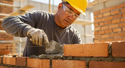 Skilled Bricklayer Building a Wall - A close-up of a bricklayer meticulously placing bricks, showcasing precision, craftsmanship, construction, and hard work