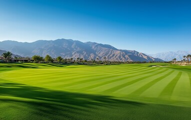 Stunning Golf Course Landscape with Majestic Mountains and Lush Green Grass