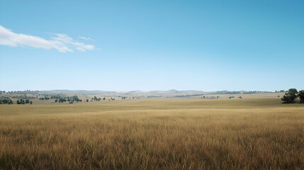 Fototapeta premium Vast Golden Grassland Landscape Under Sunny Sky