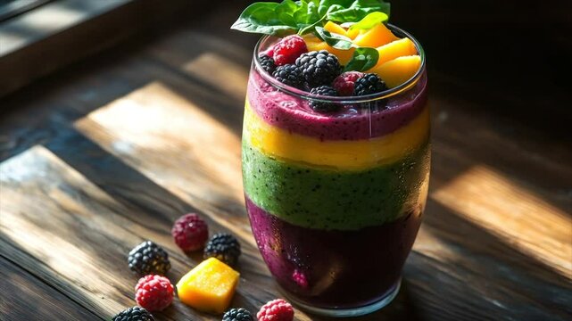 Layered smoothie with mango, berries, and greens