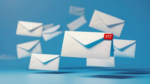 Multiple white envelopes appear to float against a blue background, symbolizing email or communication overload. A red notification badge displays 317 unread messages.
