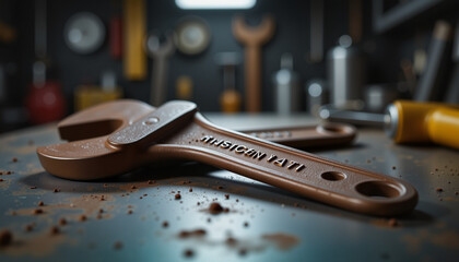 Rusty wrench lying on metal surface in industrial workshop, craftsmanship