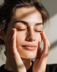 Relaxed woman enjoying skincare routine with natural light