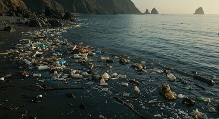 Beach littered with plastic waste along rocky shoreline. Environmental pollution concept for ocean conservation and sustainable living awareness. Educational resource.