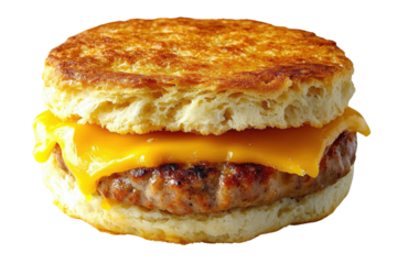 A golden-brown, buttery biscuit embraces a juicy sausage patty and melted cheddar cheese, a delightful breakfast sandwich ready to start your day with warmth and flavor.