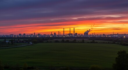 Sunset Industry Panorama: Green Fields and Cityscape - Industry meets nature at sunset. A vibrant sky contrasts with green fields and the silhouette of an industrial cityscape. Symbolizing progress