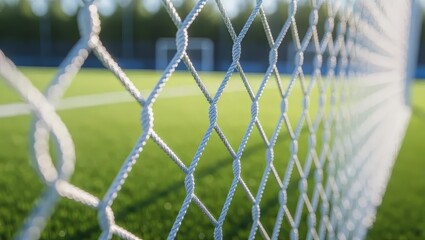 Fototapeta premium Soccer Goal Net Close-Up on Green Field