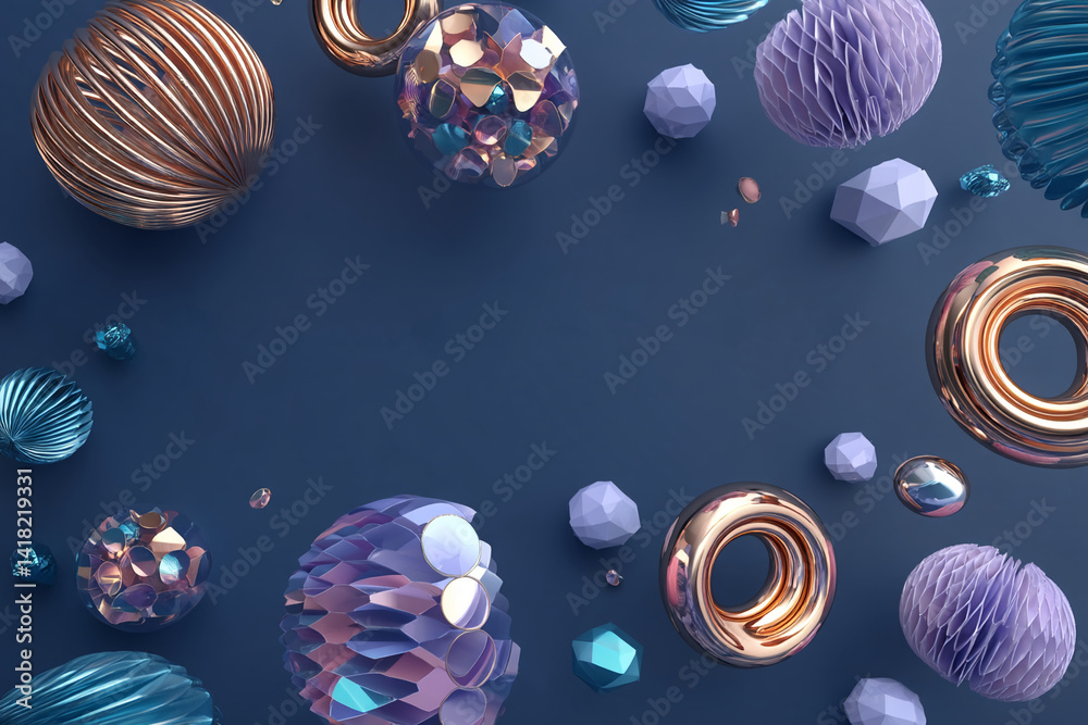 Poster abstract image of rose gold and pastel blue geometric shapes on a dark blue background, creating a m
