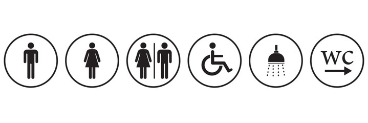 Toilet icon. WC sign. Printable sticker of toilet symbol sign with woman  man handicapped baby icons. Restroom bathroom and change room sign.  Design eps 10 