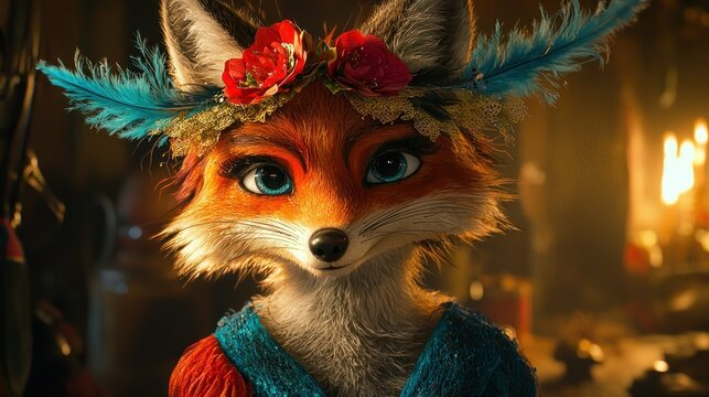 Animated fox in festive attire, cave setting