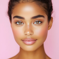 Beautiful young woman with glowing skin and natural makeup smiling softly on a pastel pink background. Close-up portrait showcasing healthy, radiant, flawless complexion.