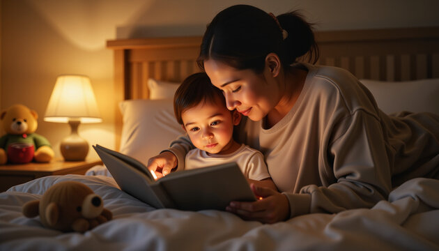 Single parent reading bedtime story to child in cozy bedroom, nurturing love