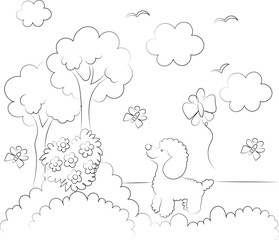 A funny cartoon vector illustration features a sheep and dog, a sheep and rabbit, and a rabbit with a bouquet, all in a simple coloring book style outline drawing for children's animal art