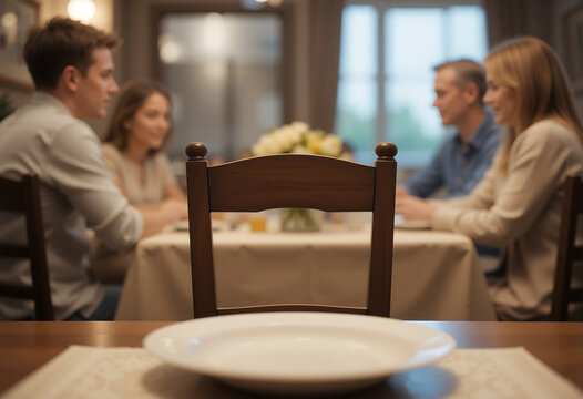 Family sits at a table set for dinner, with an empty chair prominently placed in front. This absence highlights their longing for a missing loved one while they share the moment together.