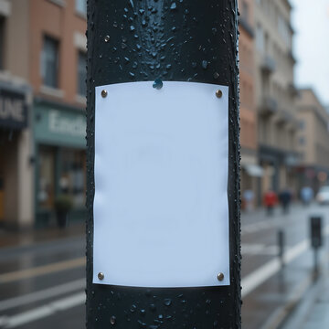 Missing person poster blank on pole in rainy urban setting without any information