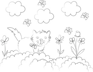 Seamless vector pattern design with cartoon flower and clouds illustration under a blue summer sky