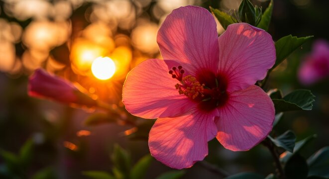 Sunset Hibiscus Bloom - A vibrant pink hibiscus flower basks in the warm glow of a setting sun, petals illuminated with golden light