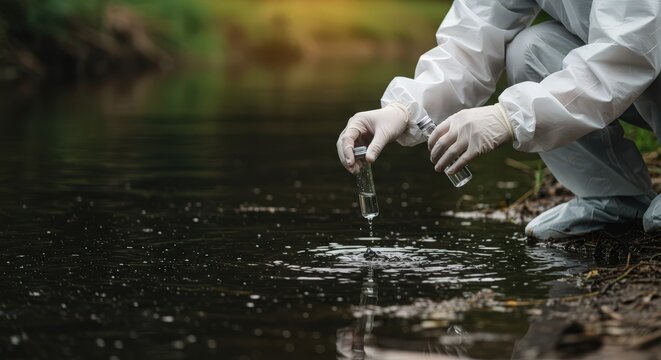Woman scientist collecting river water sample in vial for environmental analysis of water quality and pollution monitoring concept for field testing and lab research