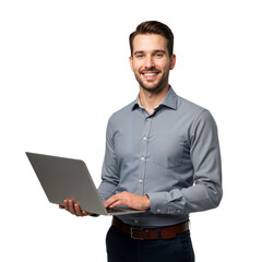 Businessman Holding Laptop and Smiling, PNG format
