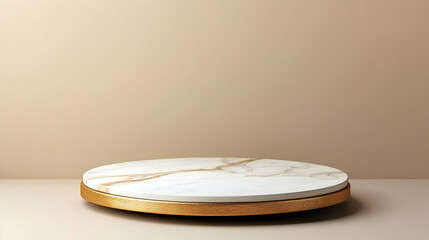 Round Marble Podium With Golden Border On Beige Background