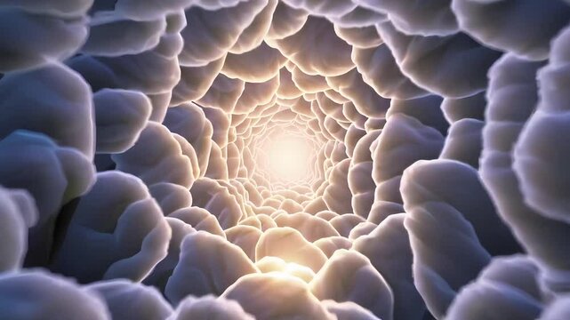 Golden Cloud Tunnel with Soft Light and Dreamy Atmosphere