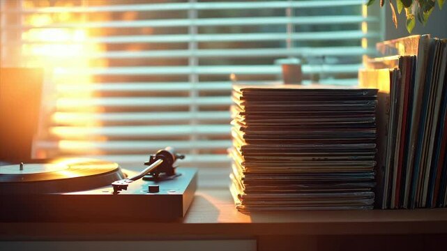 Sunset illuminates turntable and vinyl record stack