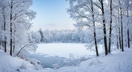 Fototapeta premium Winter Wonderland Frozen Lake - Serene winter landscape featuring a frozen lake surrounded by snow-covered trees. Perfect for winter themes, nature, and tranquility