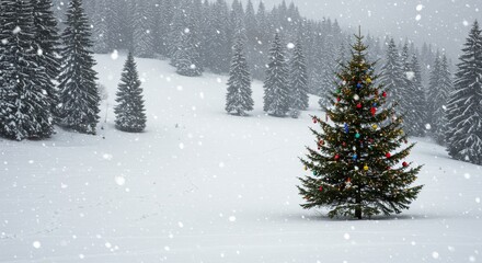 Fototapeta premium Winter Wonderland Christmas Tree Scene - Festive Christmas tree in snowy wonderland, symbolizing peace, joy, hope, celebration, and winter magic