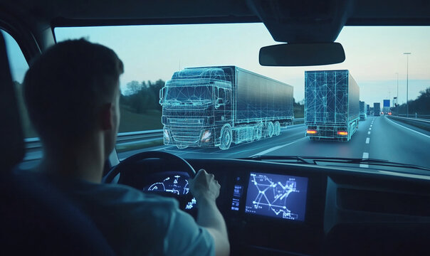 Futuristic truck driving experience with holographic interface and digital trucks on highway.