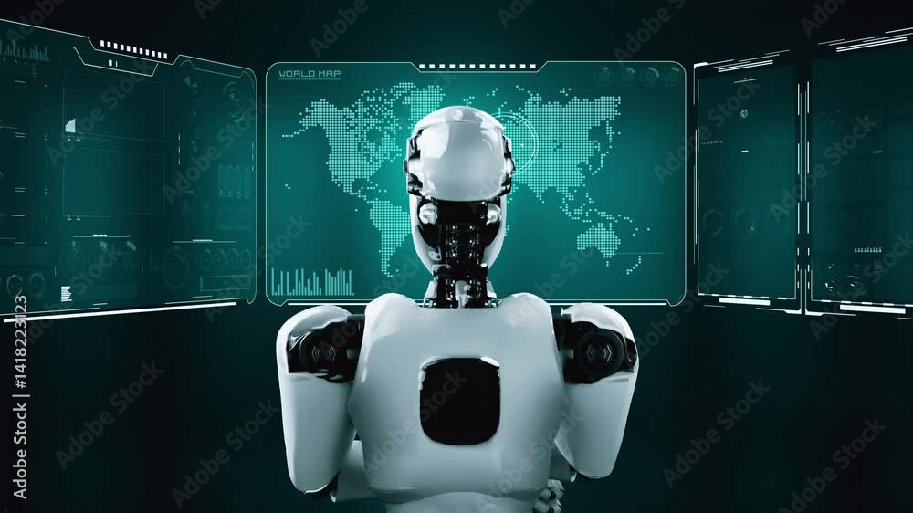 Poster thinking ai hominoid robot analyzing hologram screen showing concept big data analytic using artific