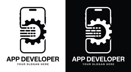 Modern phone and gear logo for app developers representing cutting-edge mobile solutions and technical craftsmanship